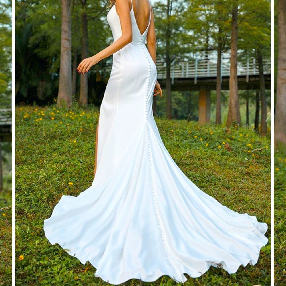 Hebeos Sheath Charmeuse Ruched Spaghetti Straps Brush Train Wedding Dress